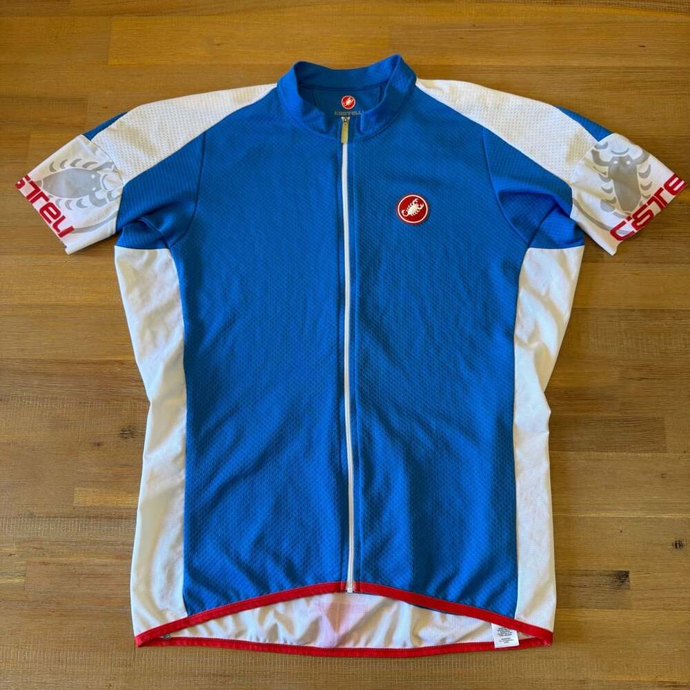 Castelli Entrata Cycling Jersey Mens XL Blue White Full Zip Short Sleeve Bike